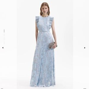 Self-Portrait Blue Metallic Floral Pleated Maxi Dress US 6